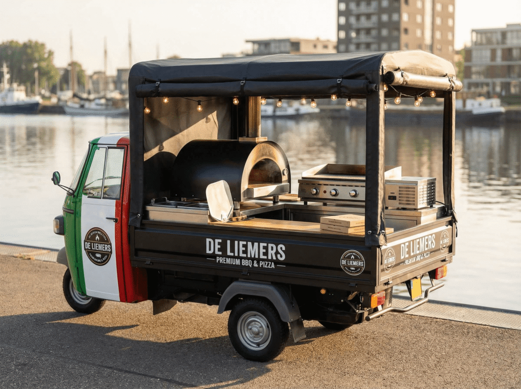 Foodtruck Piaggio op de kade langs het water