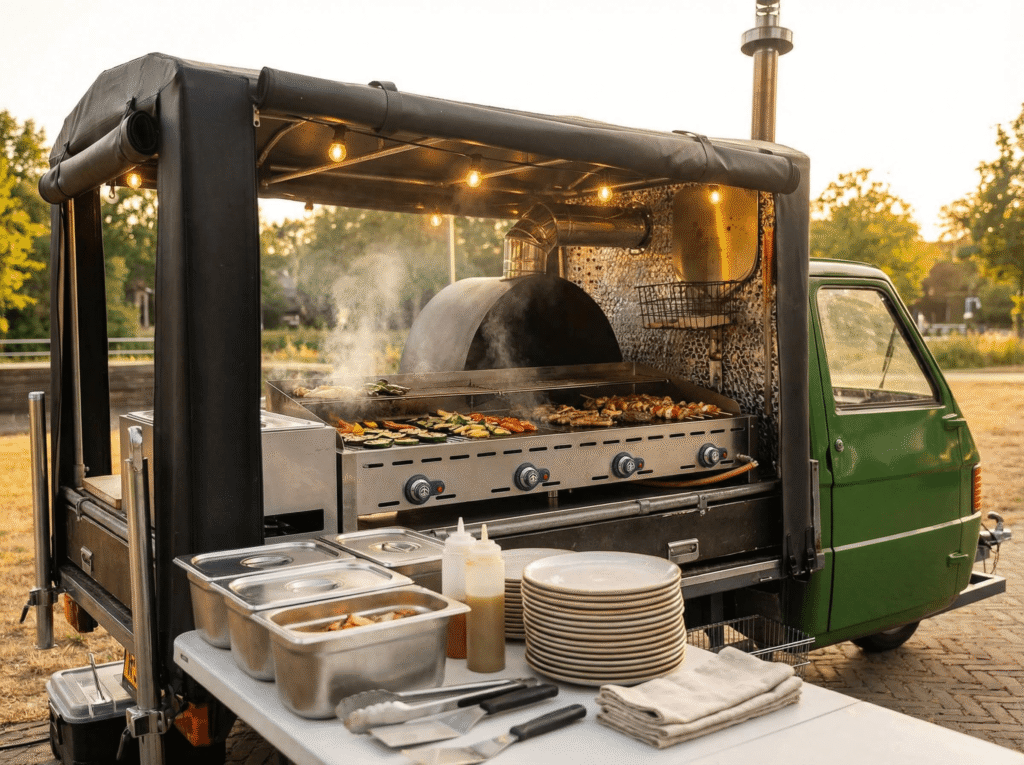 Foodtruck catering op locatie met borden en bestek