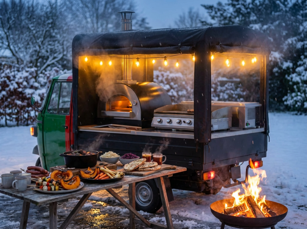 Piaggio foodtruck winter bbq op locatie met vuurkorf